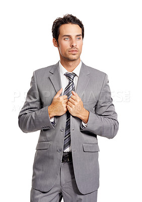Buy stock photo Thinking, business and man adjust formal suit with fashion, style or vision of future in white background of studio. Serious, businessman and ideas for corporate career, work and entrepreneur insight