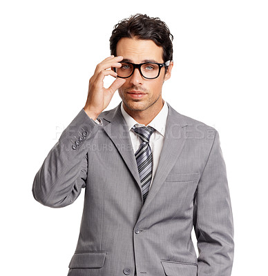 Buy stock photo Business, man and adjusting glasses or thinking in suit with fashion, style or vision of future in white background. Serious, businessman and entrepreneur with insight, ideas and eyewear in studio