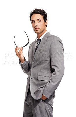 Buy stock photo Serious, lawyer and portrait of man with glasses in white background of studio with suit for corporate career. Attorney, businessman and assertive professional entrepreneur with confidence in the law