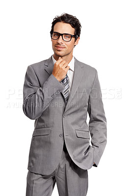 Buy stock photo Portrait, thinking and business man in studio with glasses, gesture or idea on white background. Why, ask and face of male entrepreneur with questions, problem solving or brainstorming solution plan