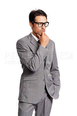 Buy stock photo Thinking, why and business man in studio with questions on white background. Doubt, face and male entrepreneur with asking body language, waiting or wondering about solution and problem solving 