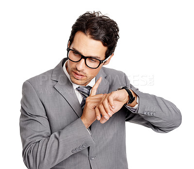 Buy stock photo Business man check watch, time and isolated on a white background in studio. Professional, tap on wristwatch and clock, waiting and punctual, schedule and countdown for corporate consultant in suit