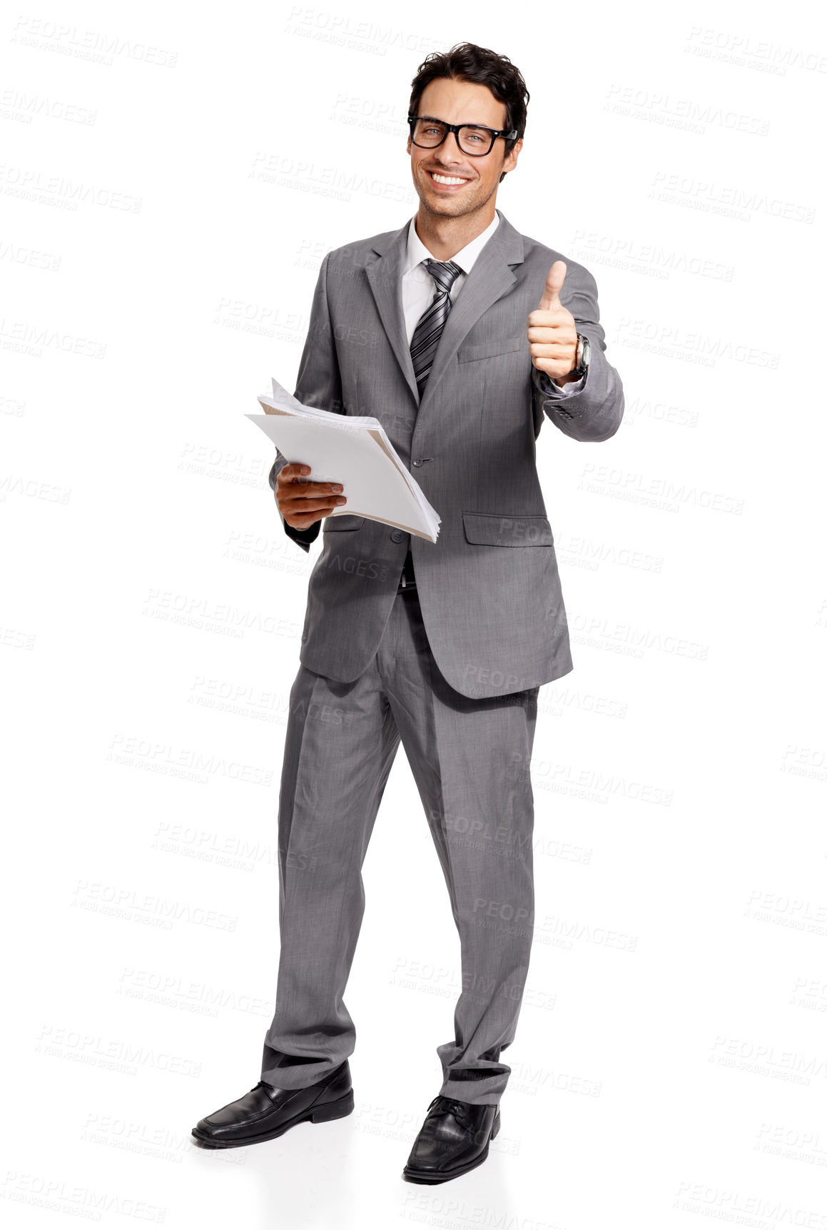 Buy stock photo Paper, portrait and business man with thumbs up in studio for yes, agreement or support on white background. Documents, face and male financial advisor with hand emoji for success, thank you or deal
