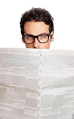 Buy stock photo Business man, portrait and newspaper in studio for stock market information, financial report or investment article on white background. Corporate trader, glasses or reading newsletter of print media