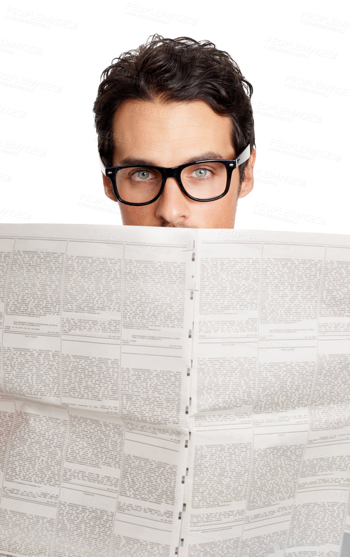 Buy stock photo Business man, portrait and newspaper in studio for stock market information, financial report or investment article on white background. Corporate trader, glasses or reading newsletter of print media