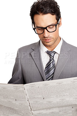 Buy stock photo Business, man and reading newspaper in studio for stock market information, trading report and investment article on white background. Corporate trader, publication and print media for newsletter 