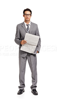 Buy stock photo Business man, newspaper and portrait in studio for stock market information, financial report and article on white background. Corporate trader, broker or reading print media, document and newsletter