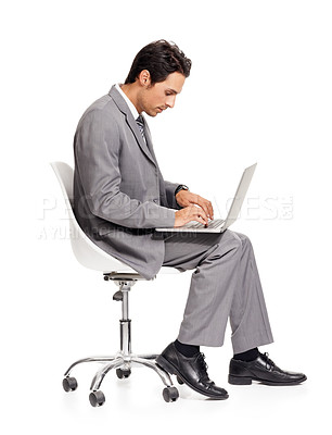 Buy stock photo Business man, laptop or chair in studio for online report, research information or internet update for digital tech on white background. Corporate worker typing on computer keyboard, website or email