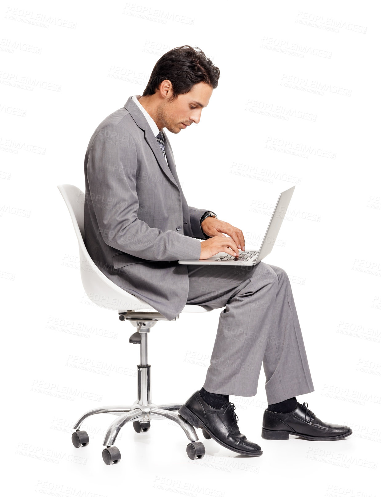 Buy stock photo Business man, laptop or chair in studio for online report, research information or internet update for digital tech on white background. Corporate worker typing on computer keyboard, website or email