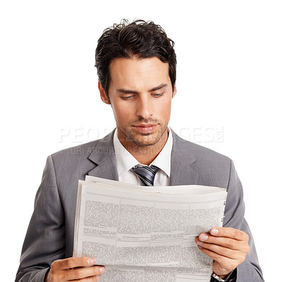 Buy stock photo Business man, information and reading newspaper in studio, headlines and newsletter on current events. Businessperson, professional and knowledge or announcement on paper, update and white background