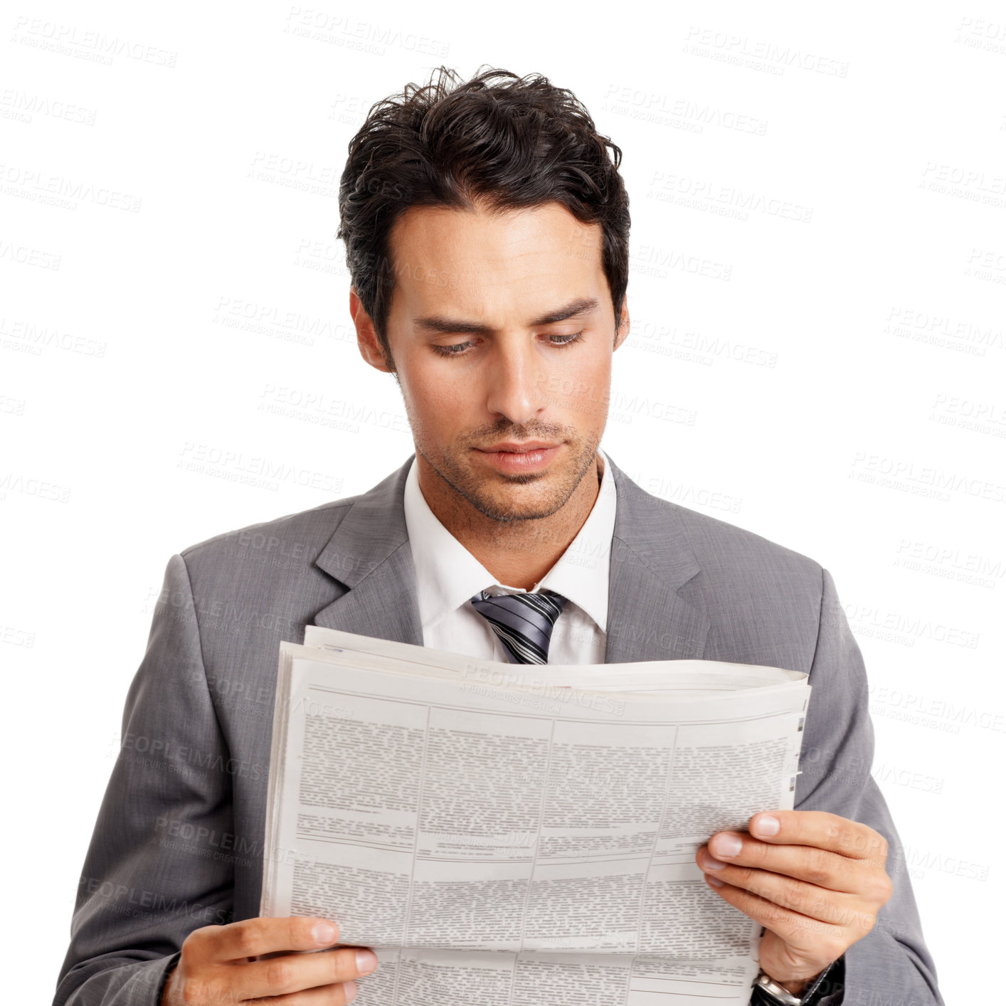 Buy stock photo Business man, information and reading newspaper in studio, headlines and newsletter on current events. Businessperson, professional and knowledge or announcement on paper, update and white background