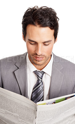 Buy stock photo Business man, relaxing and reading newspaper in studio, headlines and information on current events. Businessperson, document and knowledge or announcement on paper, newsletter and white background