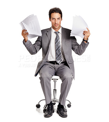 Buy stock photo Portrait, frustrated and businessman with documents in a studio isolated by white background. Paperwork, professional and professional male accountant from Canada on a chair with stress and chaos.