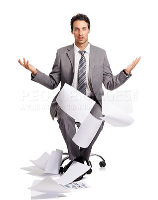 Buy stock photo Documents, portrait and confused business man with why hands in studio with audit disaster on white background. Tax, form and face of male entrepreneur with paper throw frustrated by compliance fail

