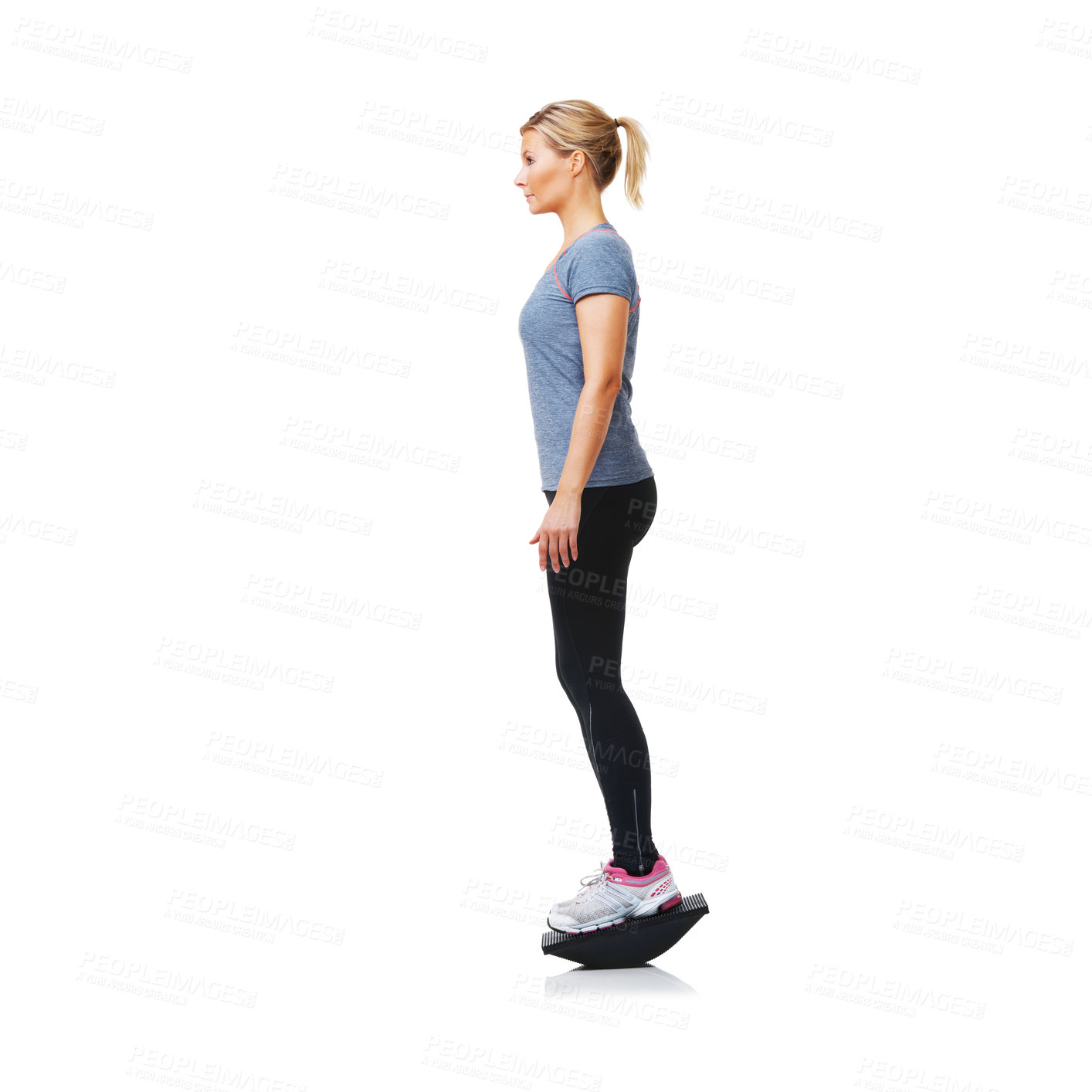 Buy stock photo Balance board, fitness and woman with exercise, wellness and girl isolated on a white studio background. Profile, person and model with equipment, mockup space and healthy with training and workout