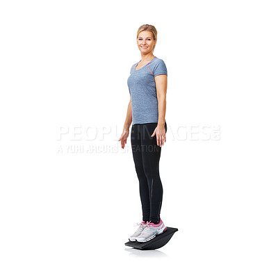 Buy stock photo Portrait, balance board and woman with fitness, exercise and wellness isolated on a white studio background. Person, girl and model with equipment, training and mockup space with workout and energy