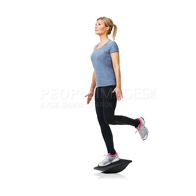 Buy stock photo Balance board, fitness and woman with training, exercise and wellness isolated on white studio background. Person, mockup space and model with equipment, workout and progress with challenge or health