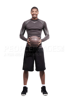 Buy stock photo Fitness, confidence and portrait of black man with basketball, smile and strong muscle workout. Sports wellness, body health and happy professional athlete with ball isolated on white background.