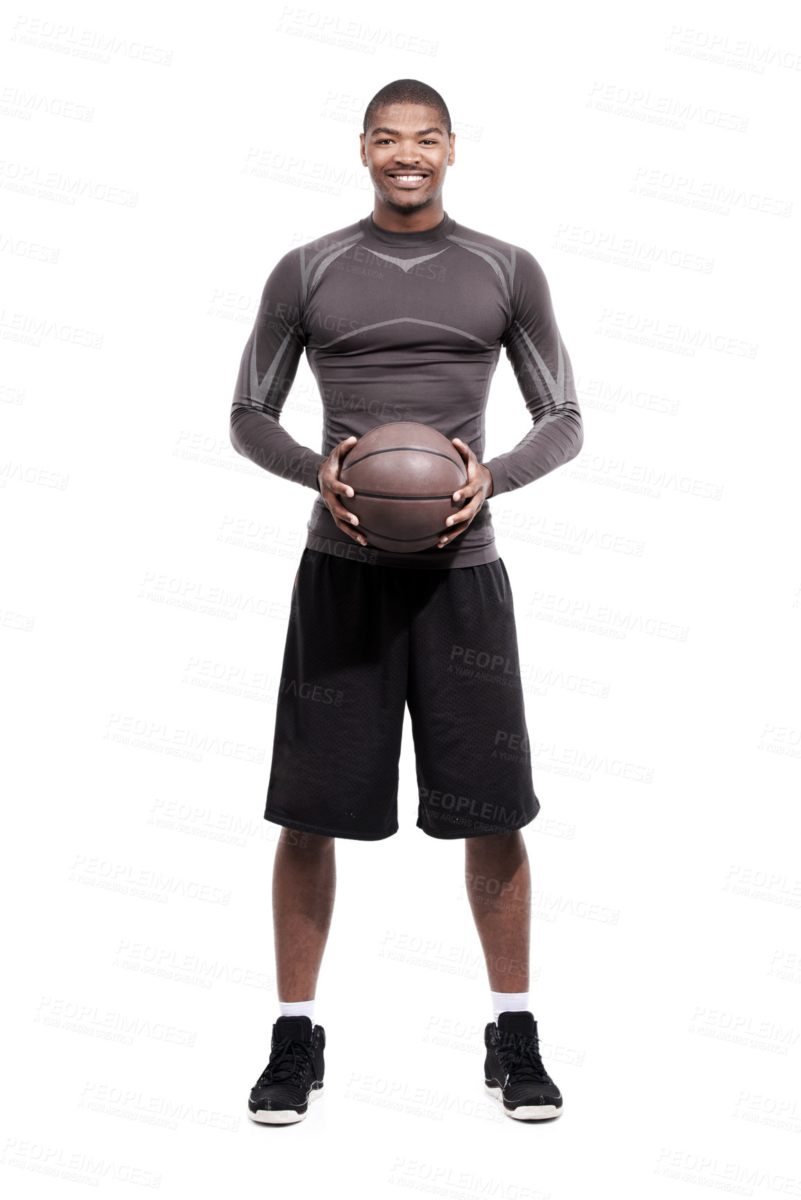 Buy stock photo Fitness, confidence and portrait of black man with basketball, smile and strong muscle workout. Sports wellness, body health and happy professional athlete with ball isolated on white background.