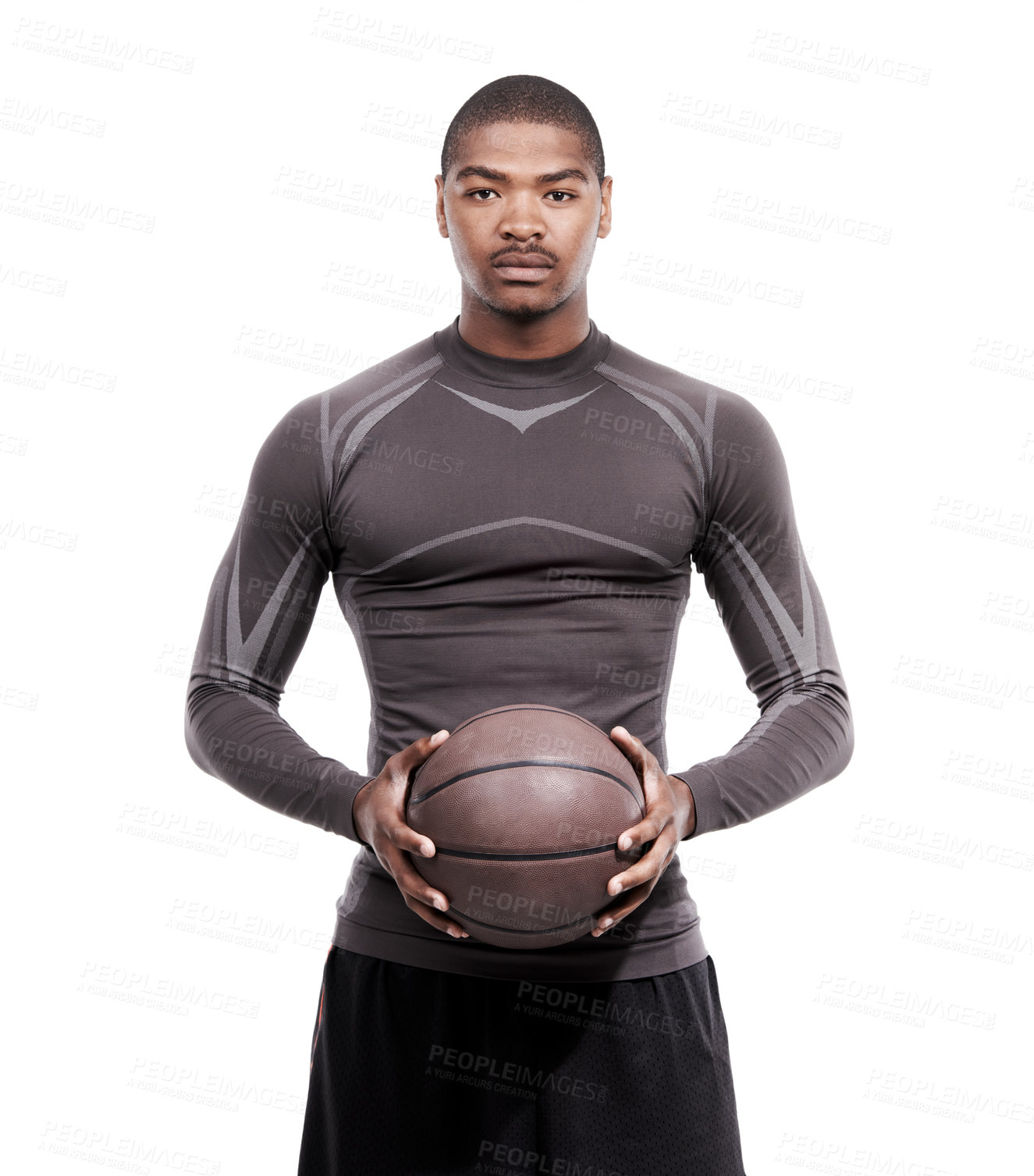 Buy stock photo Fitness, serious and portrait of black man with basketball, confidence and strong body muscle workout. Sports wellness, health and proud professional athlete with ball isolated on white background.