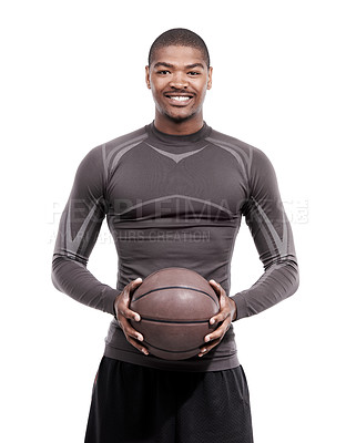 Buy stock photo Fitness, sports and portrait of black man with basketball, strong confidence and body muscle workout. Power wellness, health and happy professional athlete with ball isolated on white background.