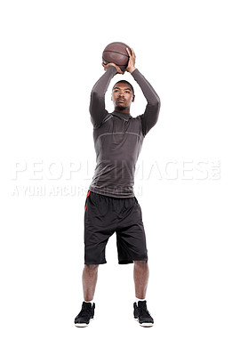 Buy stock photo Man, basketball player and shooting for exercise, training and serious on white background, concentration or game. Studio, young and sportsman for fitness, health and african active athlete