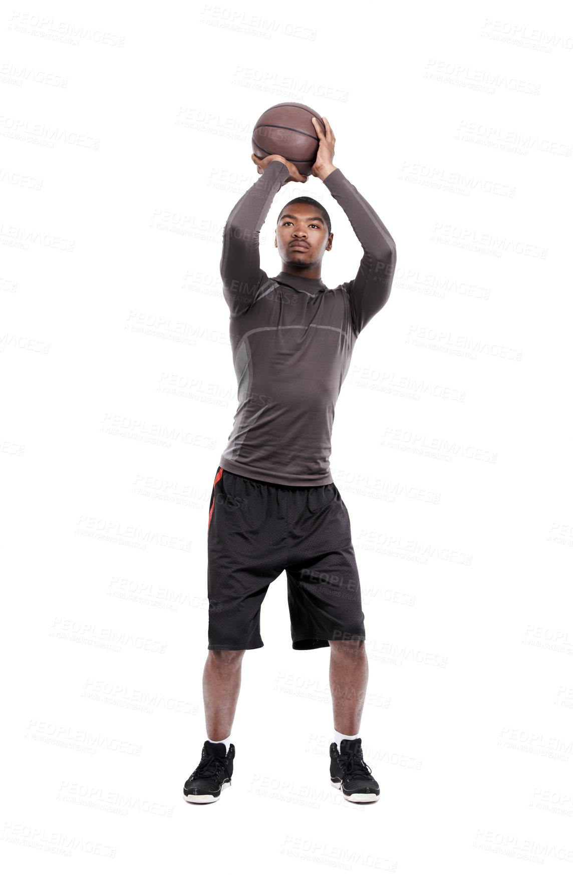 Buy stock photo Man, basketball player and shooting for exercise, training and serious on white background, concentration or game. Studio, young and sportsman for fitness, health and african active athlete