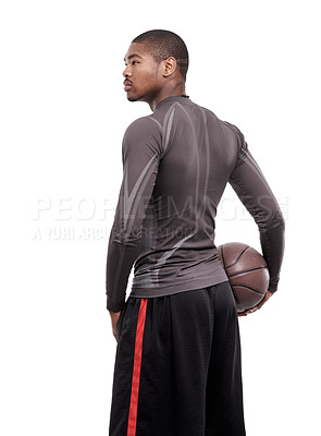 Buy stock photo Fitness, confidence and black man with basketball, body and muscle workout game from back. Sports wellness, health challenge and serious professional athlete with ball isolated on white background.