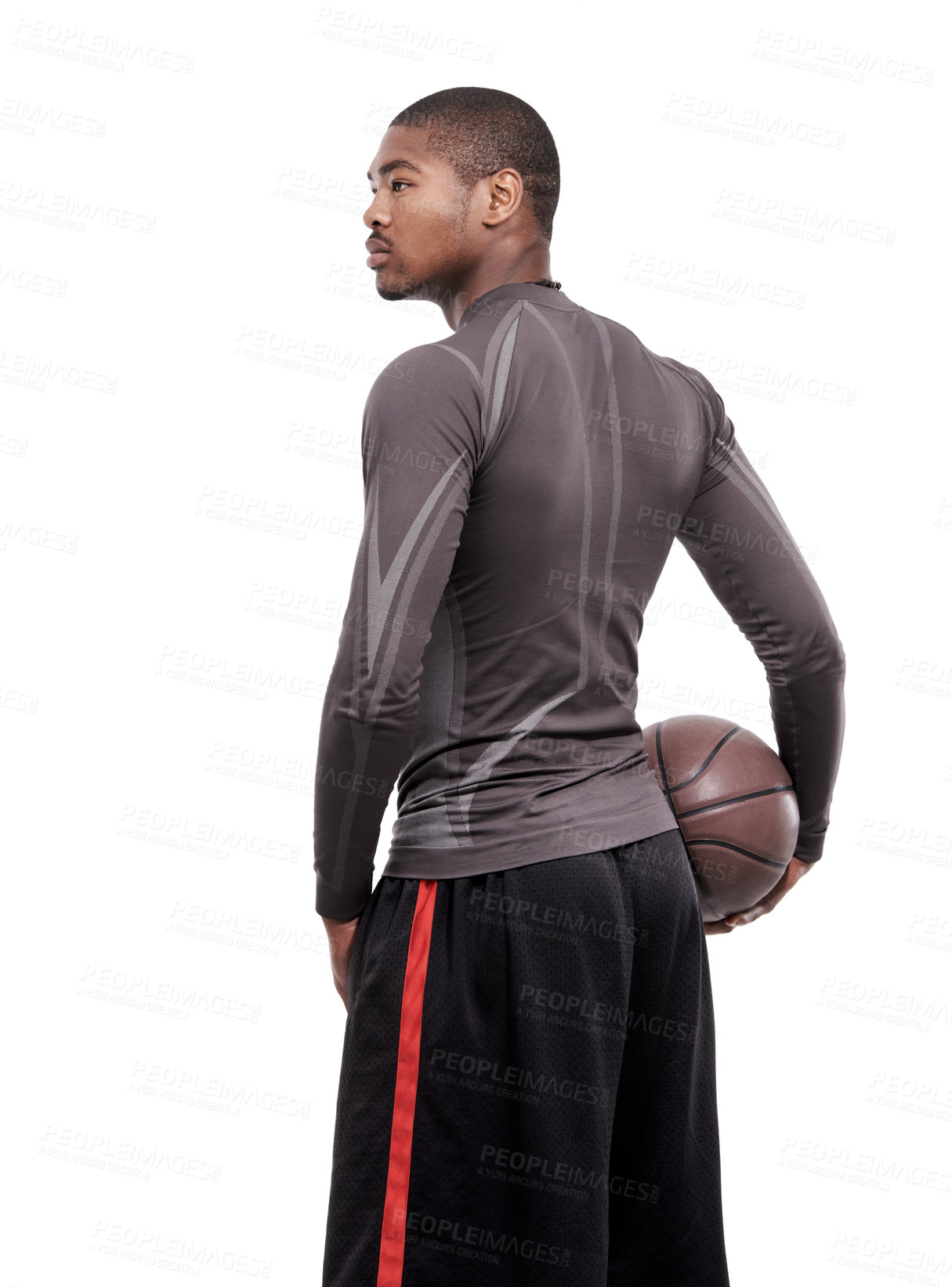 Buy stock photo Fitness, confidence and black man with basketball, body and muscle workout game from back. Sports wellness, health challenge and serious professional athlete with ball isolated on white background.