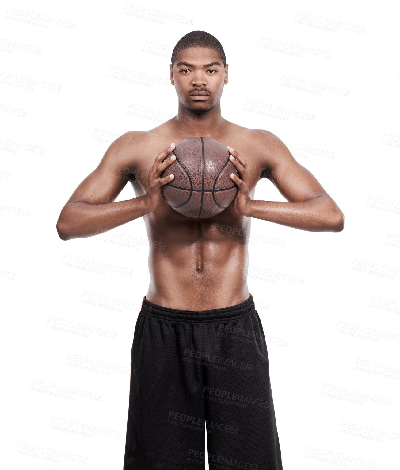 Buy stock photo Fitness, pride and portrait of black man with basketball, six pack and shirtless body muscle workout challenge. Sports wellness, health and professional athlete with ball isolated on white background