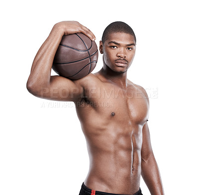 Buy stock photo Fitness, face and portrait of black man with basketball, six pack and shirtless body muscle workout. Sports wellness, health and confident professional athlete with ball isolated on white background.