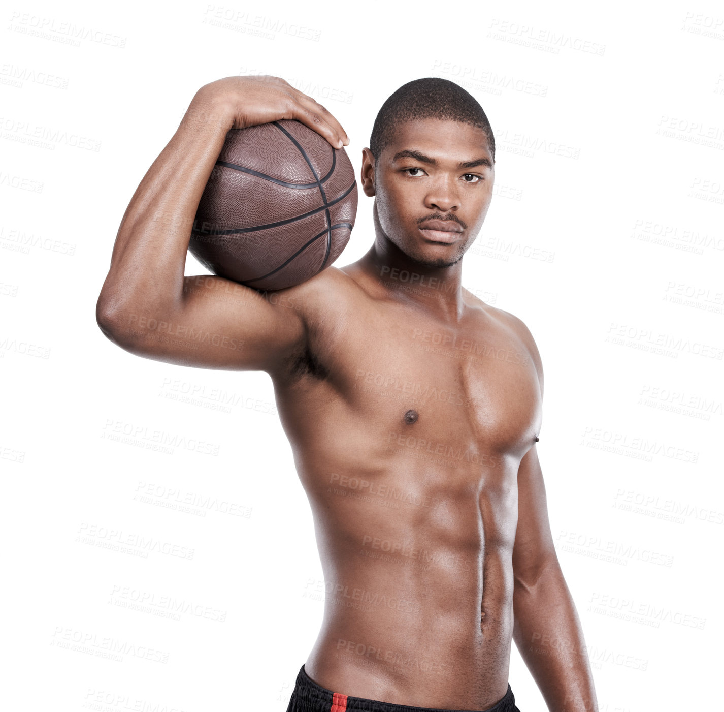 Buy stock photo Fitness, face and portrait of black man with basketball, six pack and shirtless body muscle workout. Sports wellness, health and confident professional athlete with ball isolated on white background.