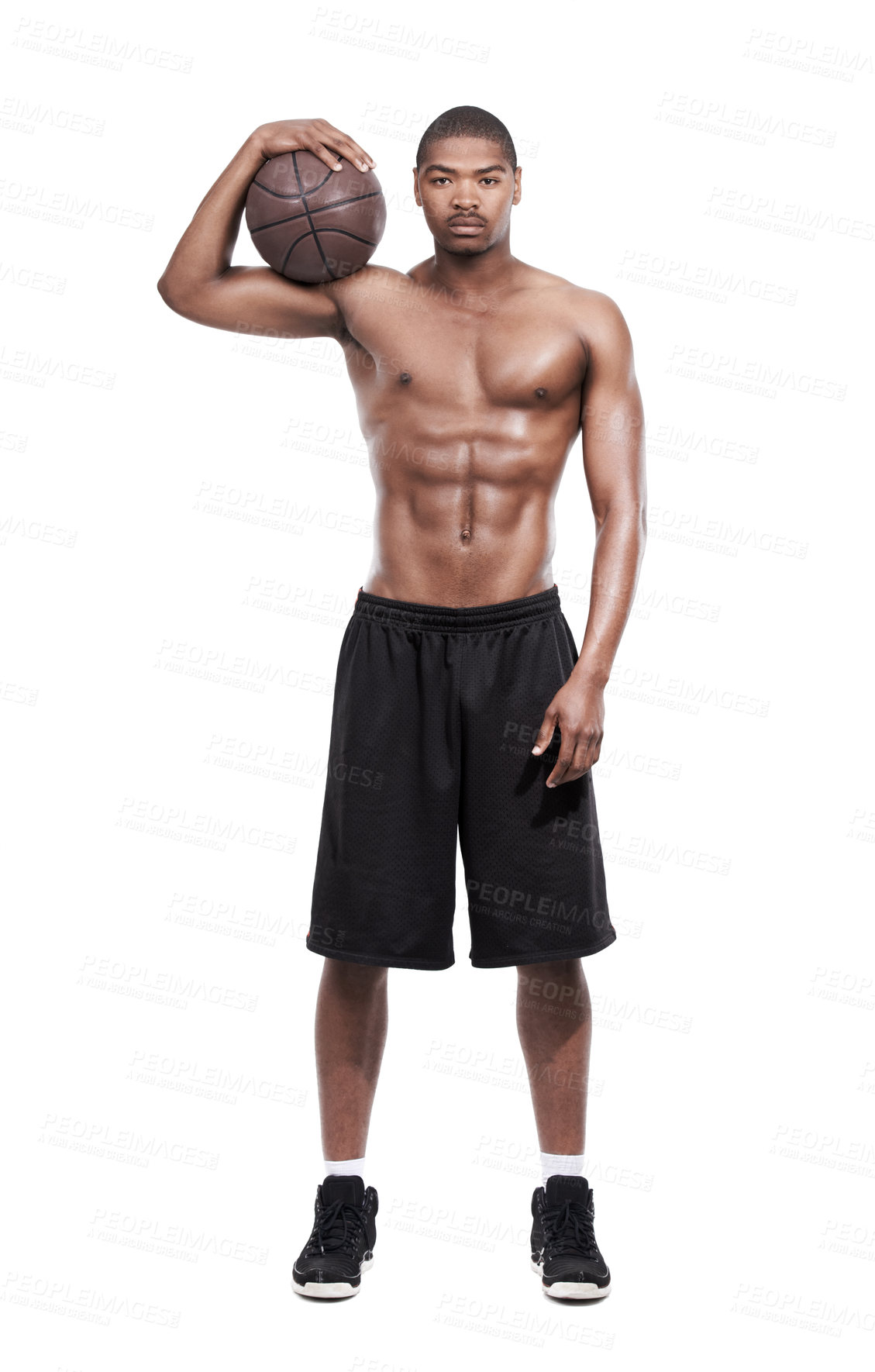 Buy stock photo Fitness, power and portrait of black man with basketball, six pack and shirtless body muscle workout challenge. Sports wellness, health and professional athlete with ball isolated on white background