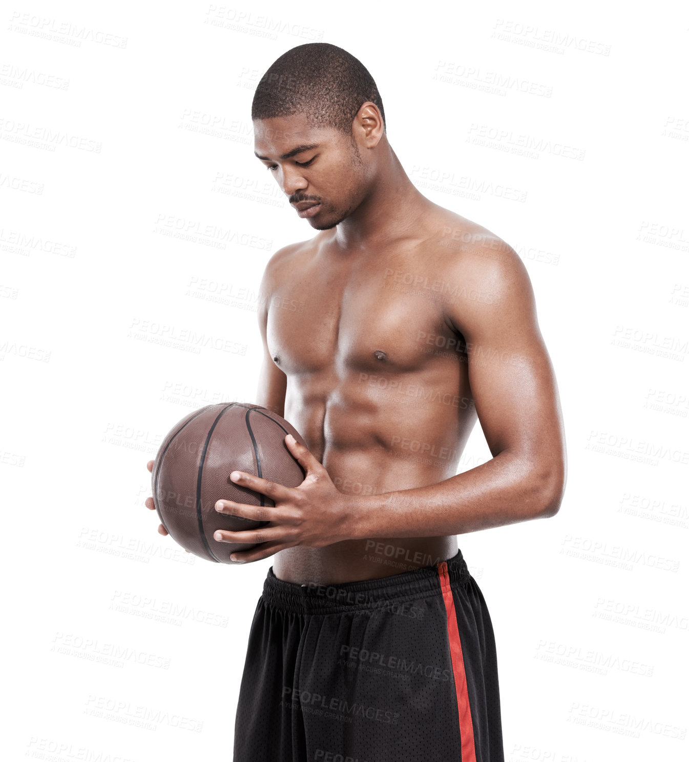 Buy stock photo Fitness, thinking and black man with basketball, challenge and shirtless for body muscle workout. Sports wellness, health and confident professional athlete with ball isolated on white background.