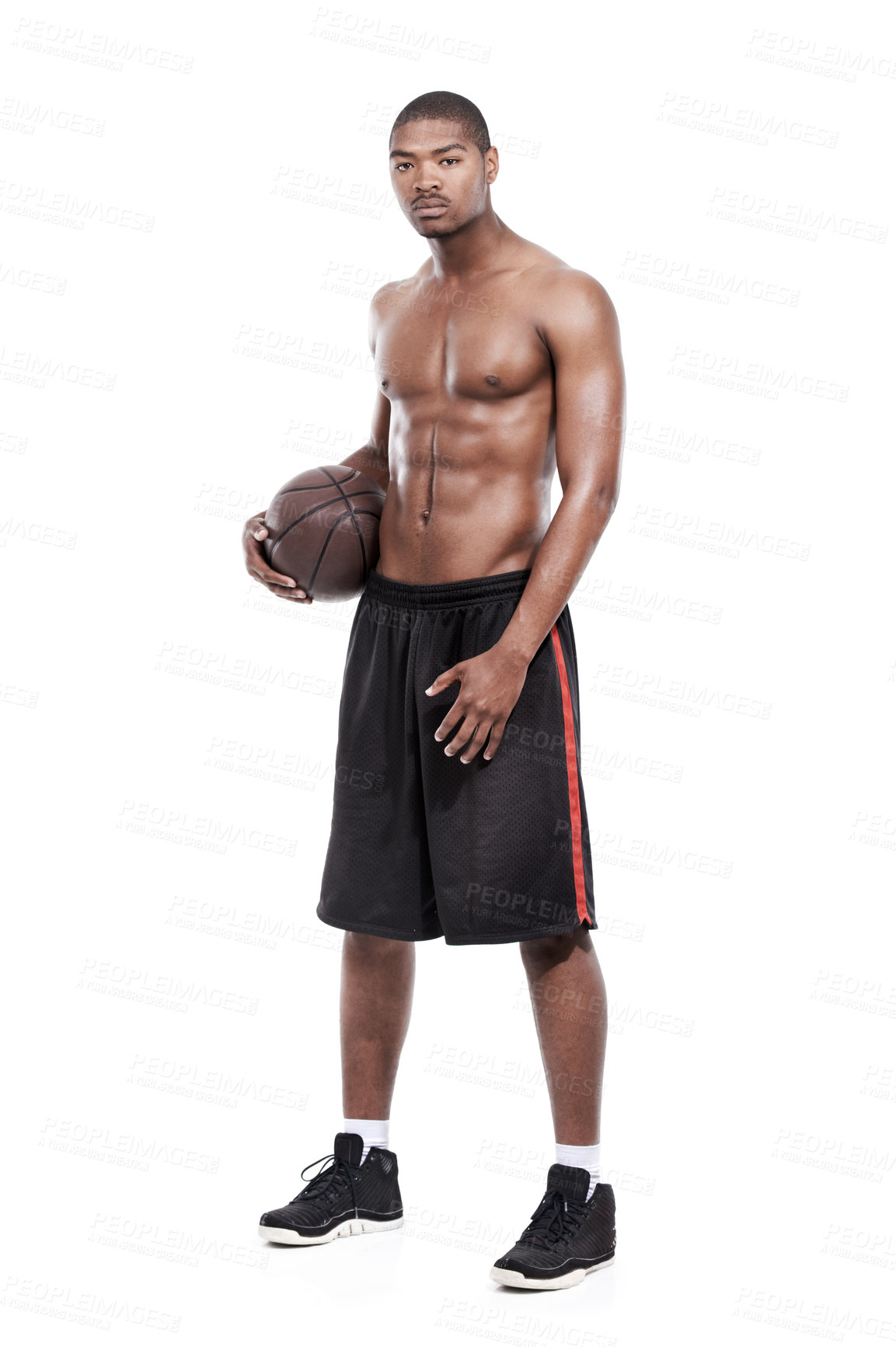 Buy stock photo Fitness, gym and portrait of black man with basketball, six pack and shirtless for body muscle workout. Sports wellness, health and serious professional athlete with ball isolated on white background