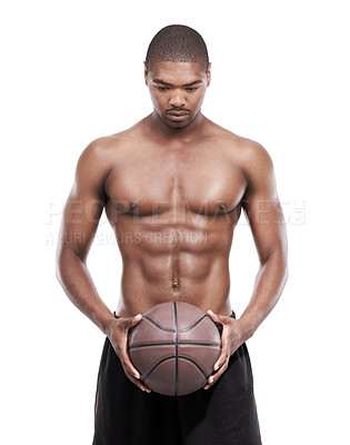 Buy stock photo Man, basketball player and shirtless for training, serious and standing on white background, confident and game. Studio backdrop, thinking and sportsman for exercise, health and active athlete