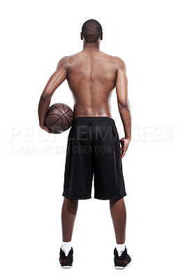 Buy stock photo Man, basketball player and standing for training, back and shirtless on white background, confident and game. Studio backdrop, fit and sportsman for exercise, health and african active athlete