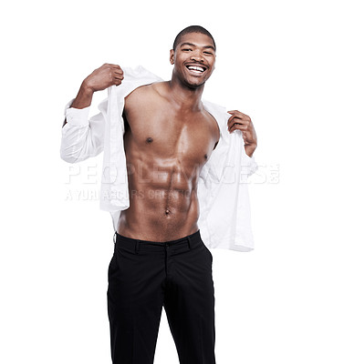 Buy stock photo Man, fashion and portrait with abs, shirt and dressing for work, african and male model in white background. Alone, smile and happy with six pack, body and corporate wear, stylish and masculine
