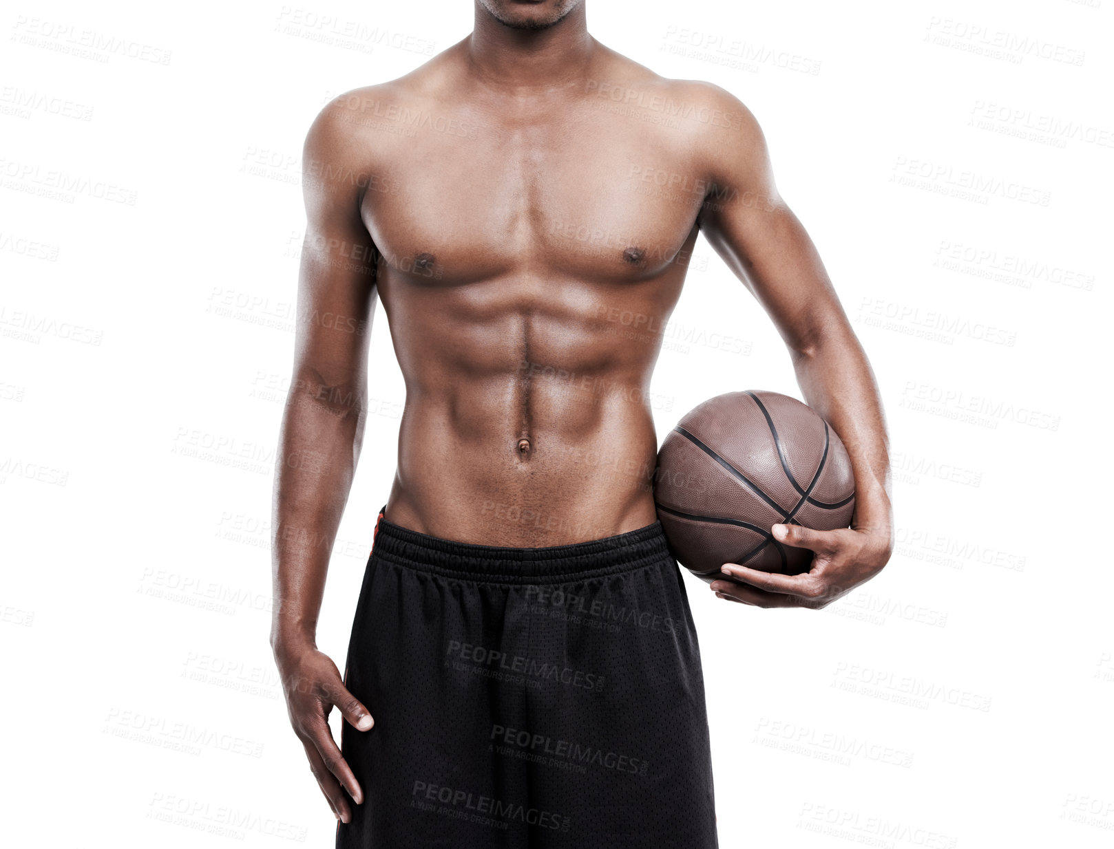 Buy stock photo Man, basketball player and shirtless for exercise, game and standing on white background, concentration or training. Studio backdrop, young and sportsman for fitness, health and active athlete