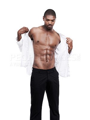 Buy stock photo Shirt, black man and abs with muscle, fitness and confident guy isolated on a white studio background. African person, stomach and model with exercise, body and healthy with clothes and mockup space