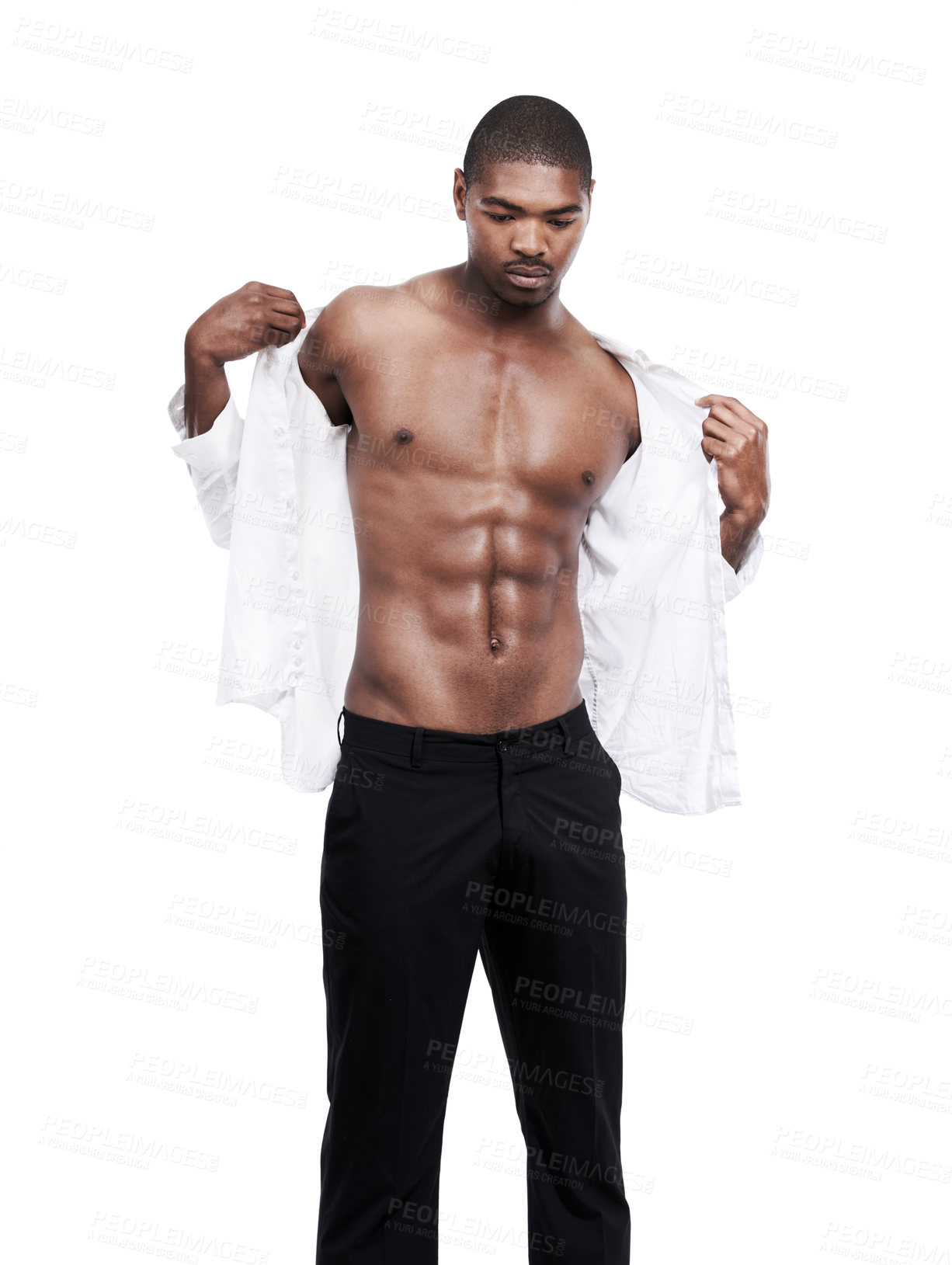 Buy stock photo Shirt, black man and abs with muscle, fitness and confident guy isolated on a white studio background. African person, stomach and model with exercise, body and healthy with clothes and mockup space