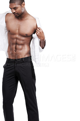 Buy stock photo Shirt, black man and abs with muscle, body and confident guy isolated on a white studio background. African person, stomach and model with exercise, fitness and healthy with clothes and mockup space