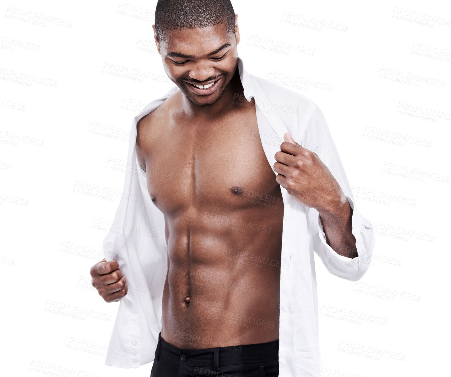 Buy stock photo Man, fashion and muscle with abs, sexy and dressing for chest, african and male model in white background. Alone, smile and happy with six pack, shirt and corporate wear, stylish and masculine
