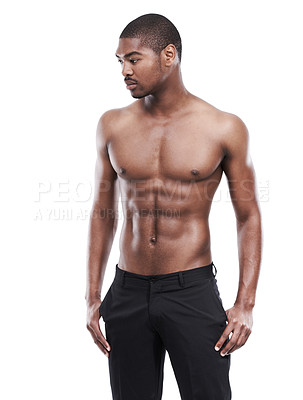 Buy stock photo Man, model and shirtless for fitness, six pack and standing on white background, confident and abs. Studio backdrop, fit and attractive for exercise, health and muscular for posing, stomach and chest