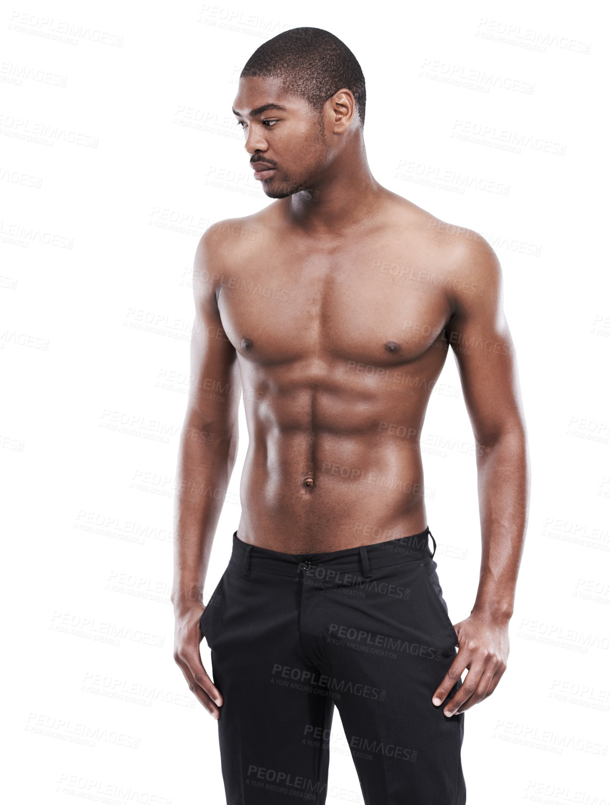 Buy stock photo Man, model and shirtless for fitness, six pack and standing on white background, confident and abs. Studio backdrop, fit and attractive for exercise, health and muscular for posing, stomach and chest