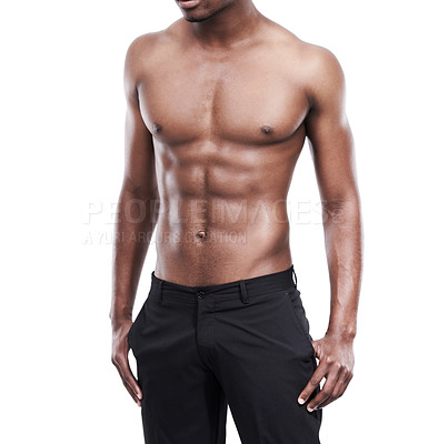 Buy stock photo Man, model and shirtless for fitness, six pack and standing on white background, confident and abs. Studio backdrop, fit and attractive for exercise, health and muscular for body, stomach and chest