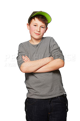 Buy stock photo Portrait, fashion and a boy child arms crossed in studio isolated on a white background for youth style. Smile, trendy or clothes and a confident young male kid in a casual outfit with a cap 