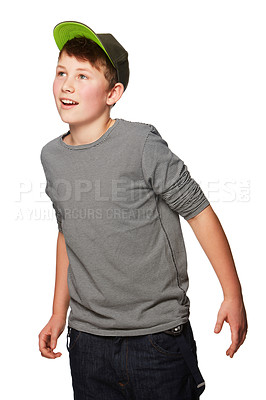 Buy stock photo Fashion, wow and thinking with a young boy in studio isolated on a white background for style. Kids, idea and the wonder of youth with a surprised boy child looking amazed in a trendy clothes outfit