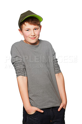 Buy stock photo Cool, stylish and portrait of a child with fashion isolated on a white background in a studio. Smile, trendy and a young boy as a fashionable model looking confident, happy and cute in clothing