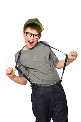 Buy stock photo Portrait, smile or kids fashion and a boy nerd in studio isolated on a white background with suspenders. Funny, glasses and geek with a happy young or trendy child looking excited in a clothes outfit